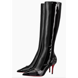 Christian Louboutin CL IN 90S Botta 80 Black Logo Leather Knee High Heel Boot 38